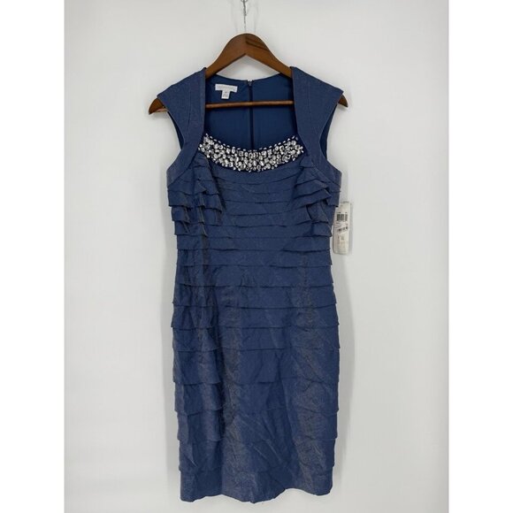 London Times Womens Size 6 Shimmer Blue Layered Rhinestone Neck Cocktail Dress - Picture 2 of 10